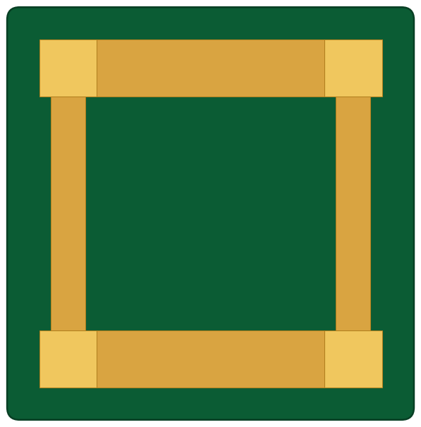 The branch-line coupler geometry drawn as a finished board: gold copper on green solder mask.
