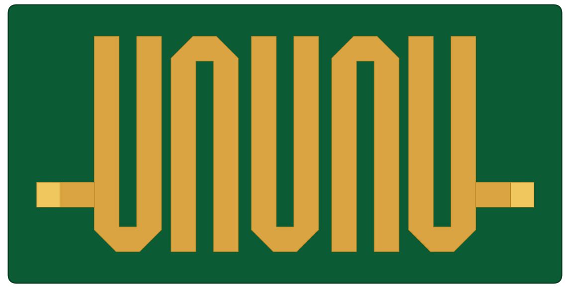 The hairpin bandpass filter geometry drawn as a finished board: gold copper on green solder mask.