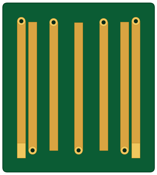 The interdigital bandpass filter geometry drawn as a finished board: gold copper on green solder mask.