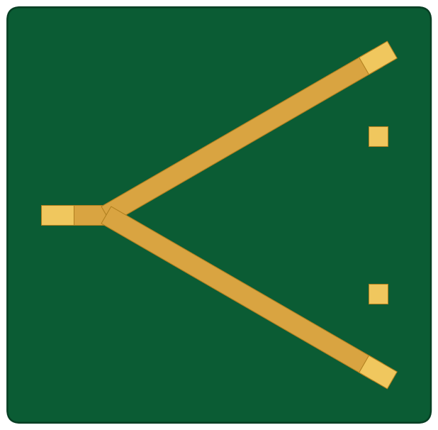 The wilkinson power divider geometry drawn as a finished board: gold copper on green solder mask.